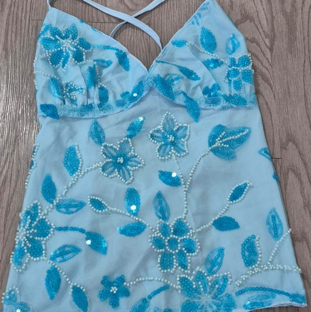 Blue Floral Embellished Sequin Open Tie Back Women's Top